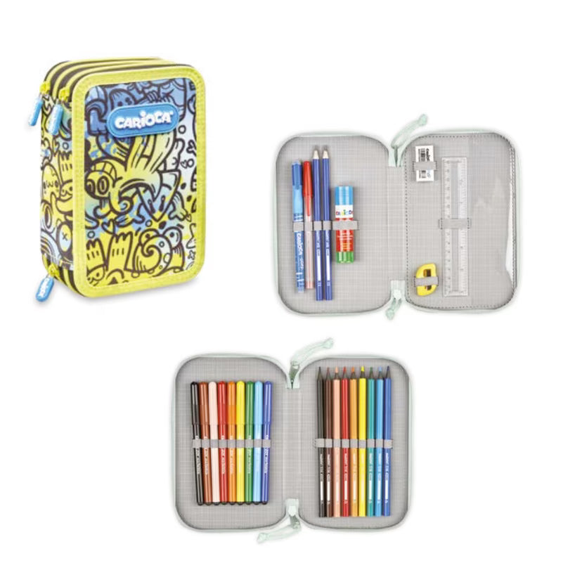Pencil Case 2-Zip Full Comix Yellow/Blue CARIOCA