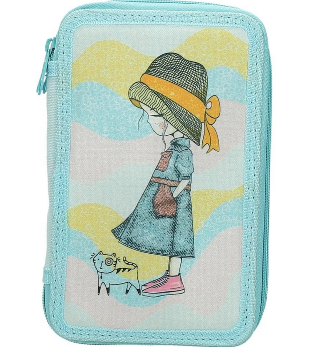 Pencil Case 2-zip Girl with Cat Full STREET
